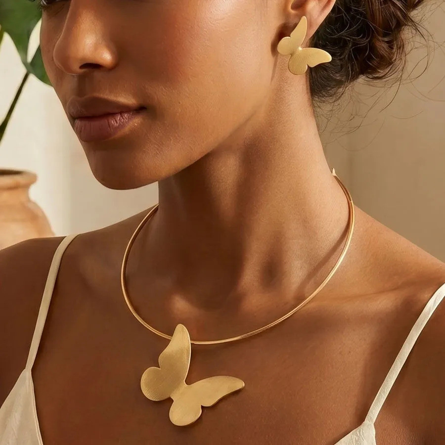 Conjunto Colar Choker Aro Rigido E Brinco Moda Luxo Fashion Borboleta Flor Coração Folha