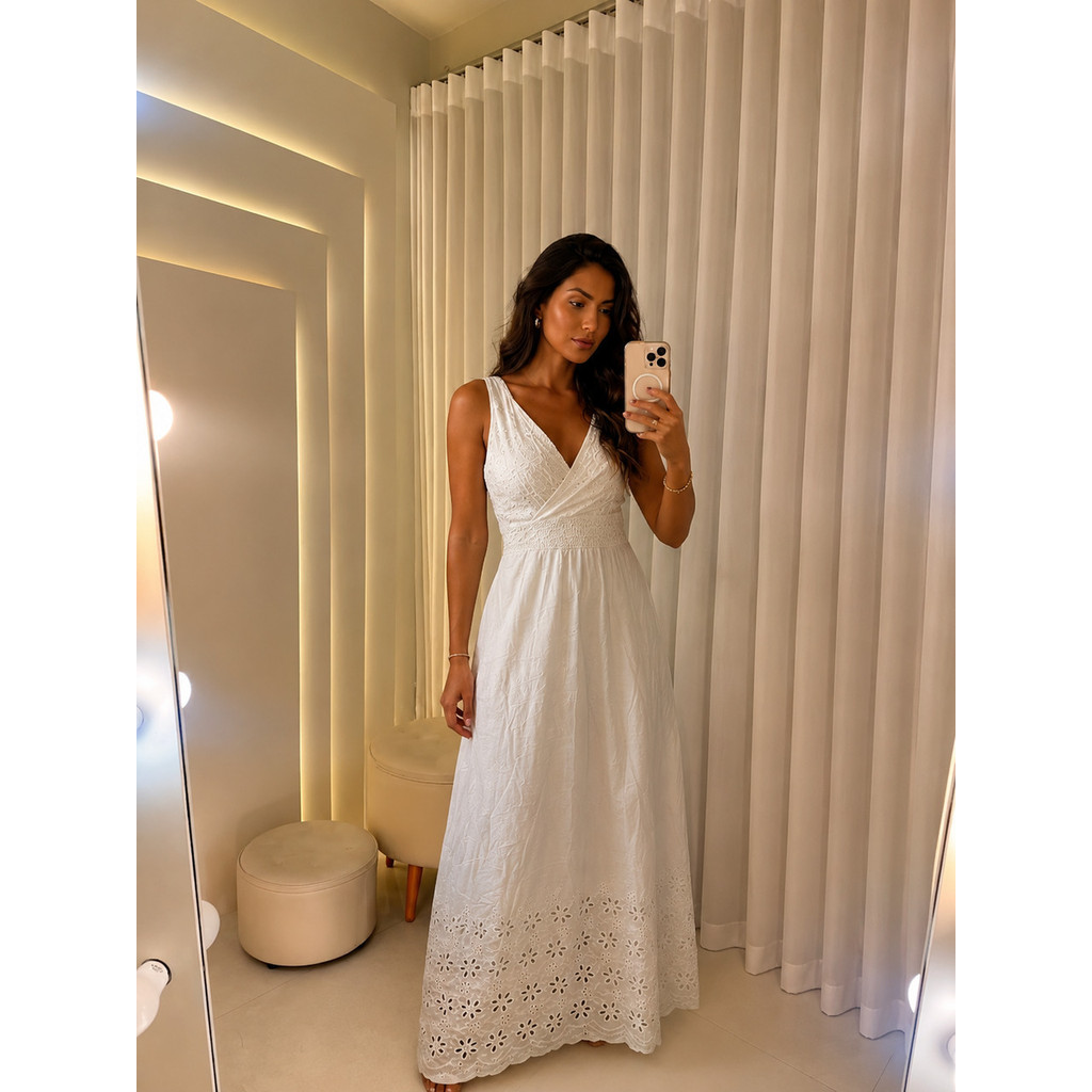 Vestido Longo Lese Branco Decote Costas Vazado Luxo-MHIN-410