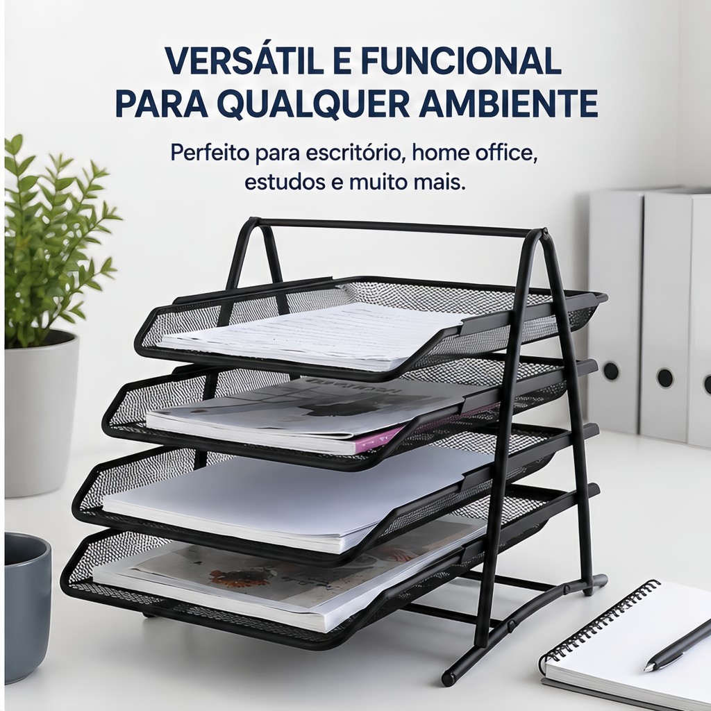 Organizador de Mesa A4 4 Bandejas Porta Papel Documentos Arquivos Escritório Metal
