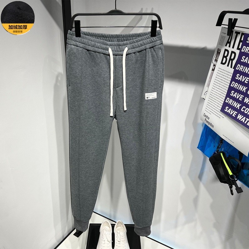 Forro de lã engrossado inverno masculino cinza elástico quente cordão calças magras calças esportivas grossas