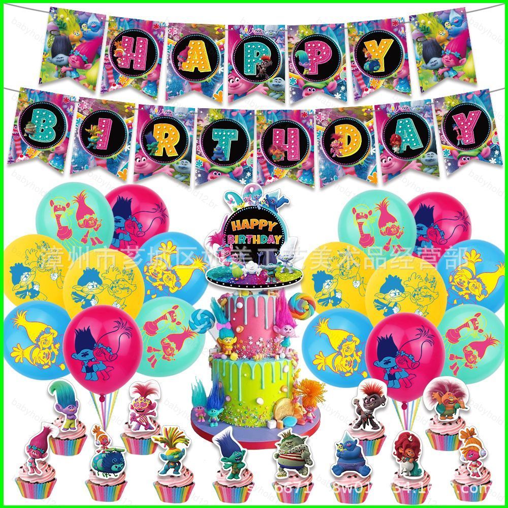 BB12 Trolls Tema Dos Desenhos Animados Festa De Aniversário Decoração Conjunto Bonito Bolo Topper Balões Banner