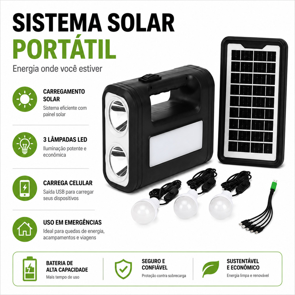 Kit Bateria Portátil com Painel Solar e 3 Lâmpadas LED para Pesca Camping XIMING