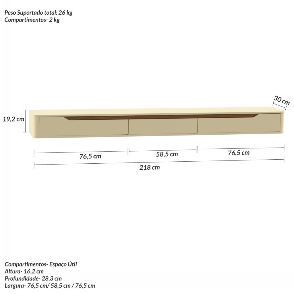 Rack Suspenso Slim Curvo 220cm p/ TV Até 70” Moderno Luxo Portas Basculantes - Olivar Móveis