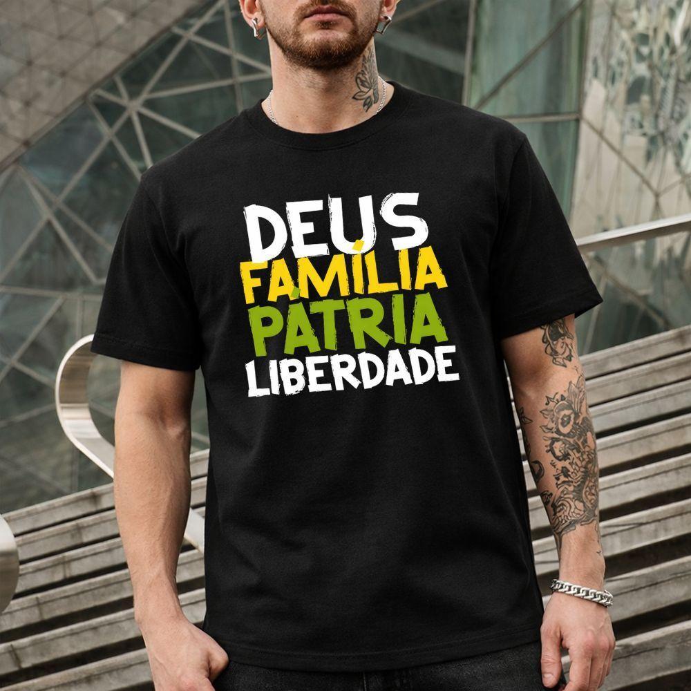 Camiseta Deus Pátria E Família Liberdade Bolsonaro Tradicional Brasil Patriota Unissex Algodão Estampada