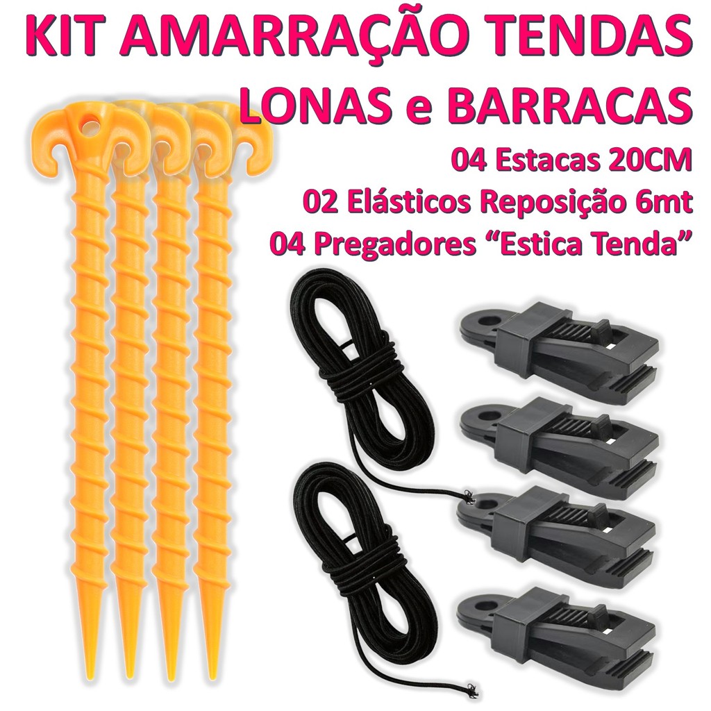 Kit 4 Estacas + 2 Elásticos + 4 Garras Jacaré Tenda Gazebo Barraca Camping Praia Forte Cor:Laranja