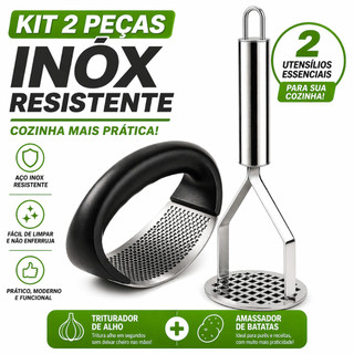 Kit Utensílios para Cozinha Inox Premium: Espremedor de Alho + Amassador de Batatas e Legumes Reforçado Profissional