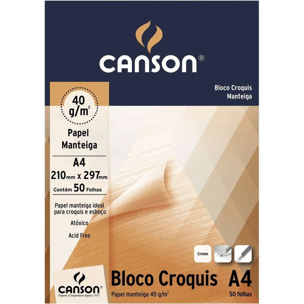 Bloco Croquis Papel Manteiga A3 40 Gramas Creme c/ 50 Folhas - Canson