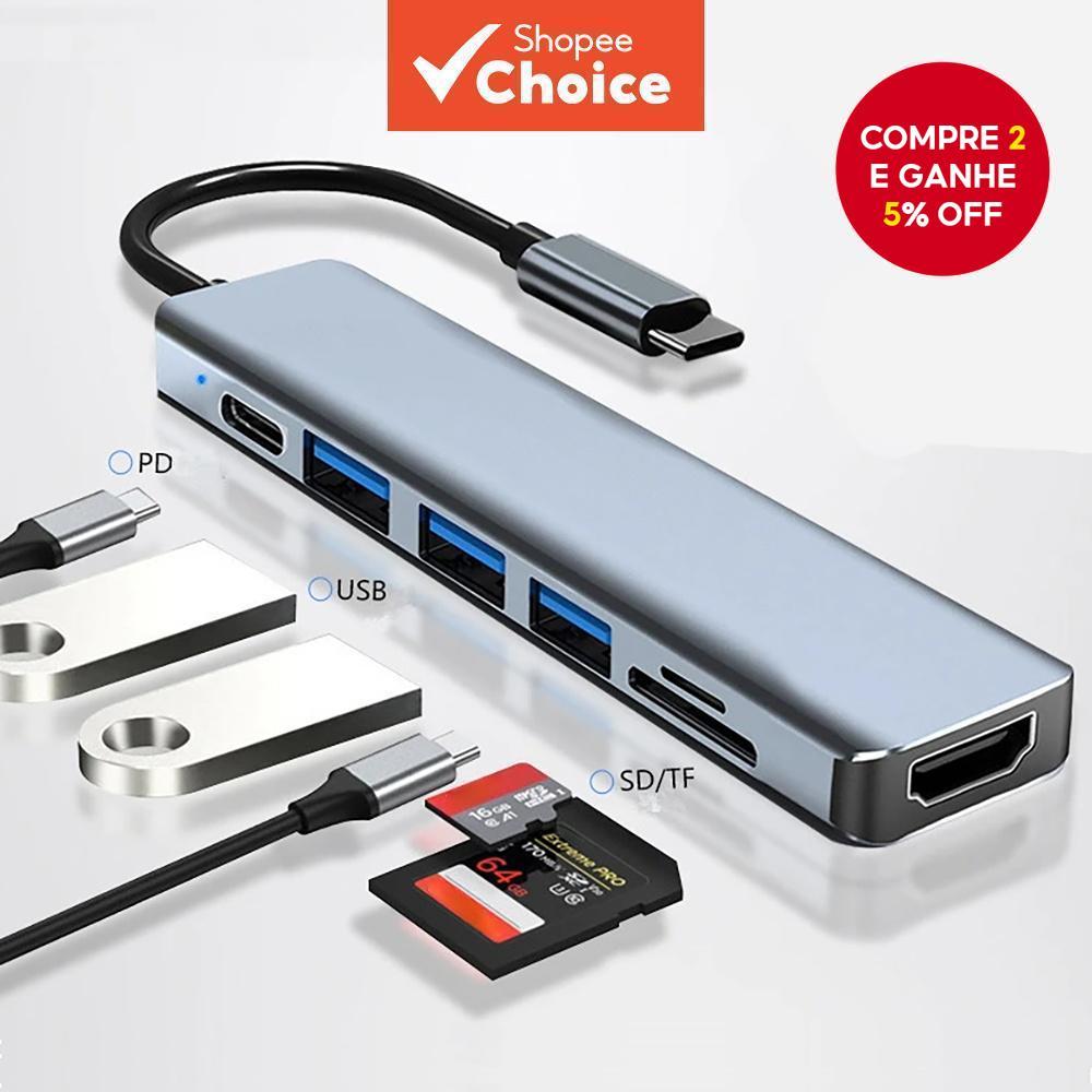 Estação de acoplamento TYPE C com 7 portas para hub compatível com HDMI, adaptador USB C, leitor de cartão SD/TF,