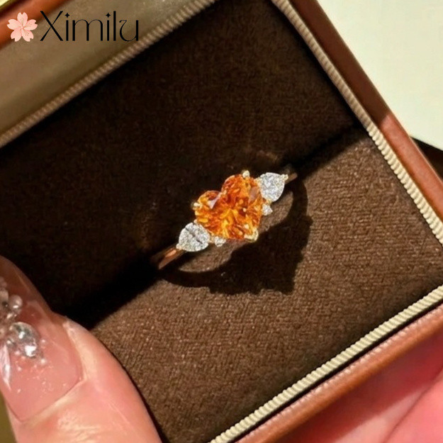 ❤ Luz romântica medalha de luxo estilo ouro Morgan laranja diamante amor anel requintado feminino doce Fanta pedra jóias