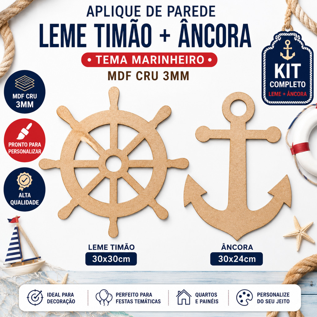 Kit Aplique Marinheiro MDF Cru Leme Timão e Âncora 3mm Painel Parede Festa Náutica Decoração