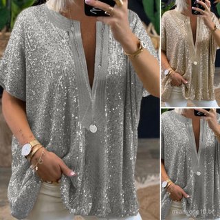 & lt ; MACmk gt Blusa Feminina De Manga Curta Com Lantejoulas Para Uso Diário .