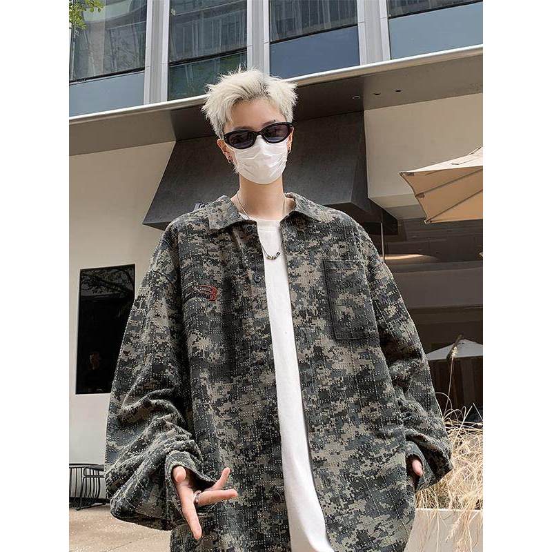 Americano Retro camuflagem camisa masculina de manga comprida primavera outono street Wear rufião bonito frito rua Casua