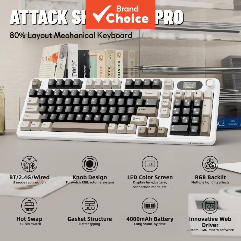 ATTACK SHARK X98PRO Teclado Mecânico Wireless Tri-Modo, Troca a Quente, RGB, Botão Multi-Funções e Tela Colorida TFT