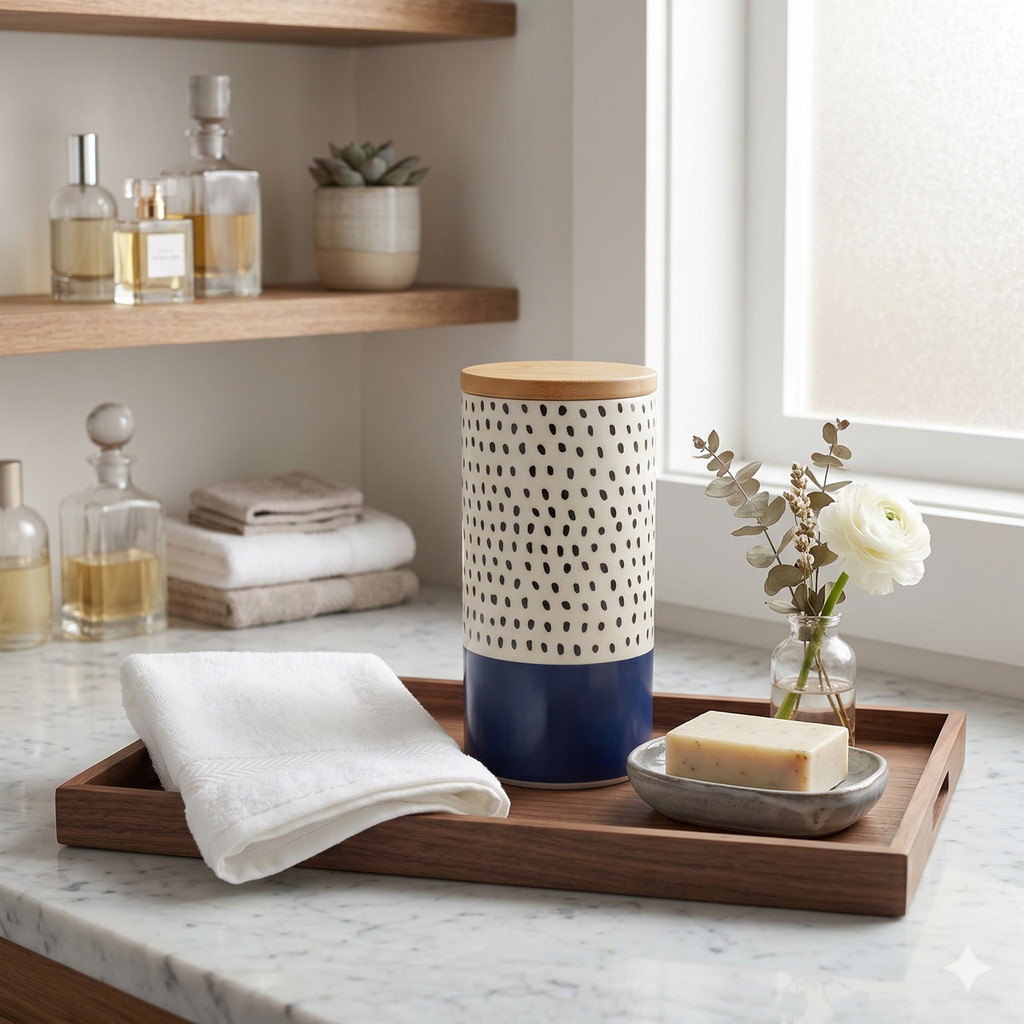 Pote Potiche Decorativo Grande Azul Marinho Poá com Bambu 1,5L