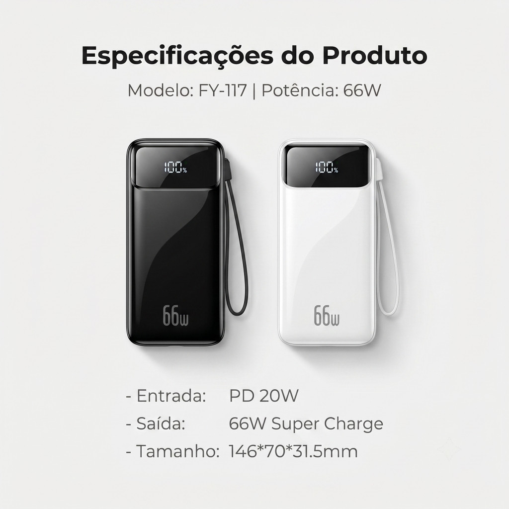 Carregador De Banco De Potência 20000mah Display Digital Portátil 66W Carregamento Super Rápido Com 4 Cabos
