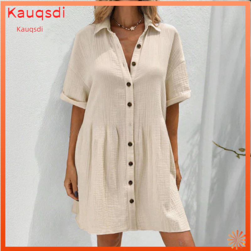Women Cotton Blend Dress Elegant Women’s Summer Short Sleeve Shirt Lapel V Neck Button-down Swing Flowy Beach Sundress