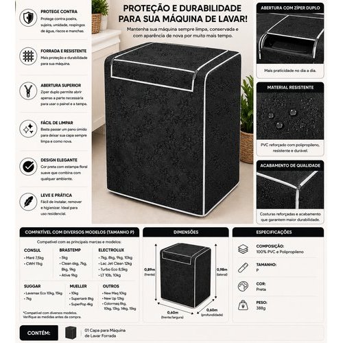 Capa Protetora Lavadora Roupa Resistente Impermeavel Antipoeira Preto