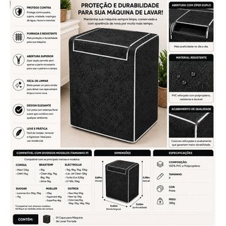 Capa Protetora Lavadora Roupa Resistente Impermeavel Antipoeira Preto