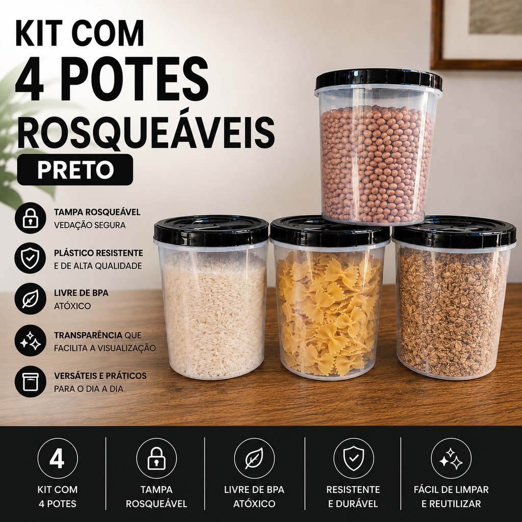 Jogo 4 Potes Redondo 2,2 Litro Transparente Tampa Rosca Pote Mantimento BPA FREE Cereais Biscoito