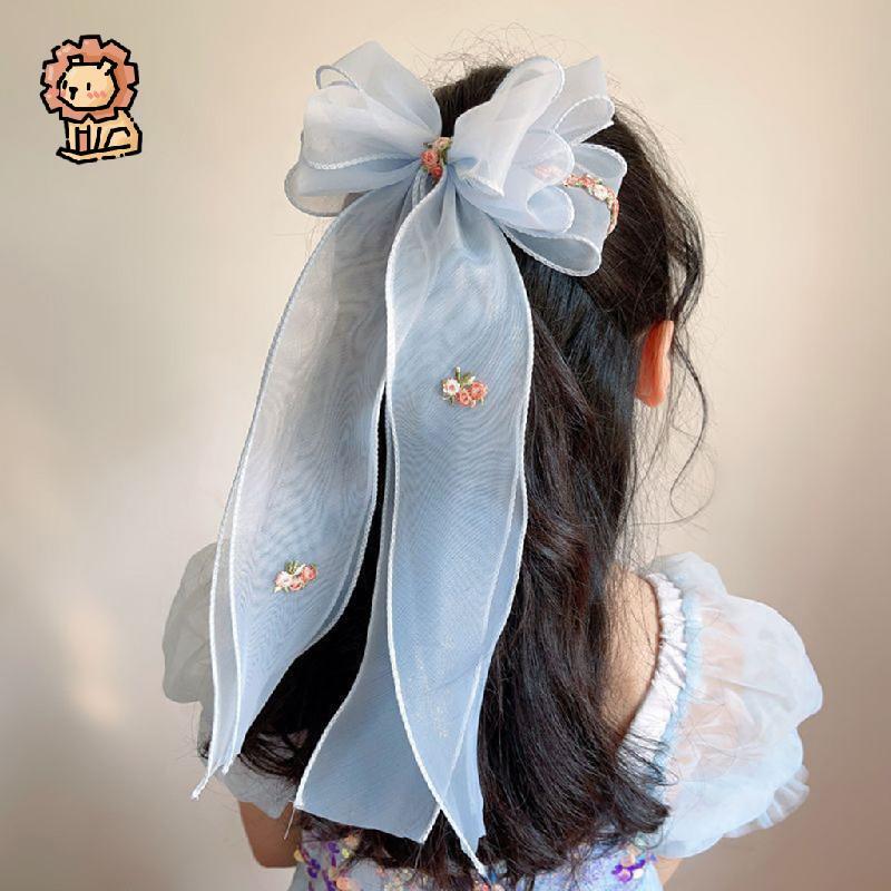 Grampo De Cabelo Com Laço Bordado Infantil , Presilha De Tule , Serpentinas Longas , Acessório Floral Fofo