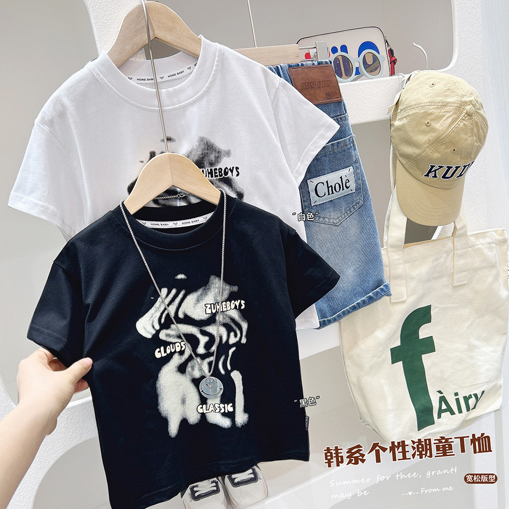Meninos camiseta de manga curta puro algodão impresso verão 2026 versão coreana médio grande crianças frito rua crianças