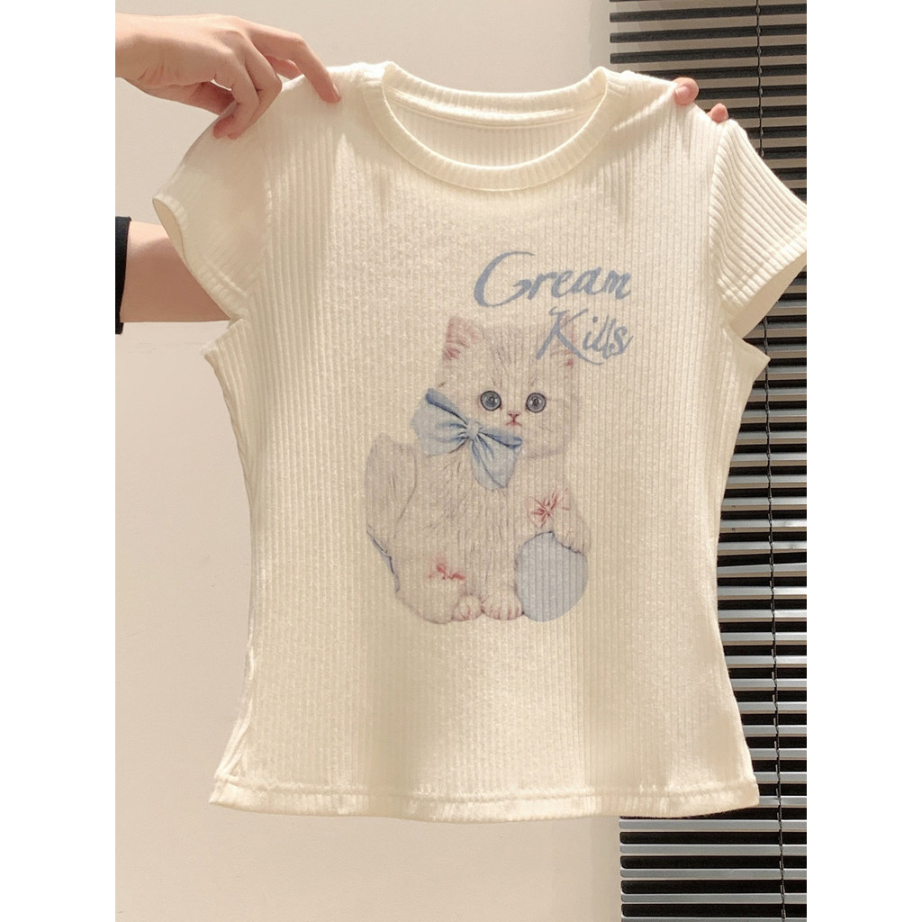 Doce quente menina bonito gato impressão de manga curta camiseta feminina verão júnior estudantes do ensino médio em tor