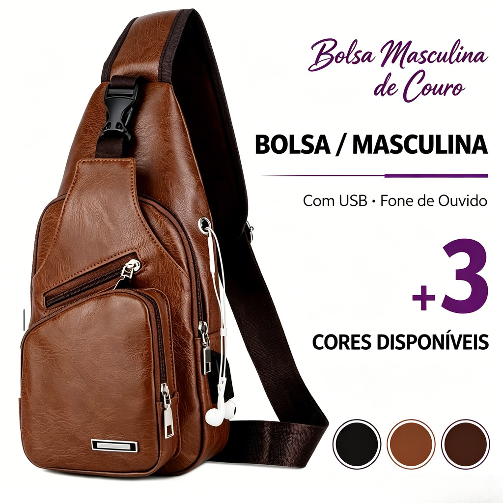 Bolsa de couro casual e estilosa para homens com porta USB e entrada para fones de ouvido.