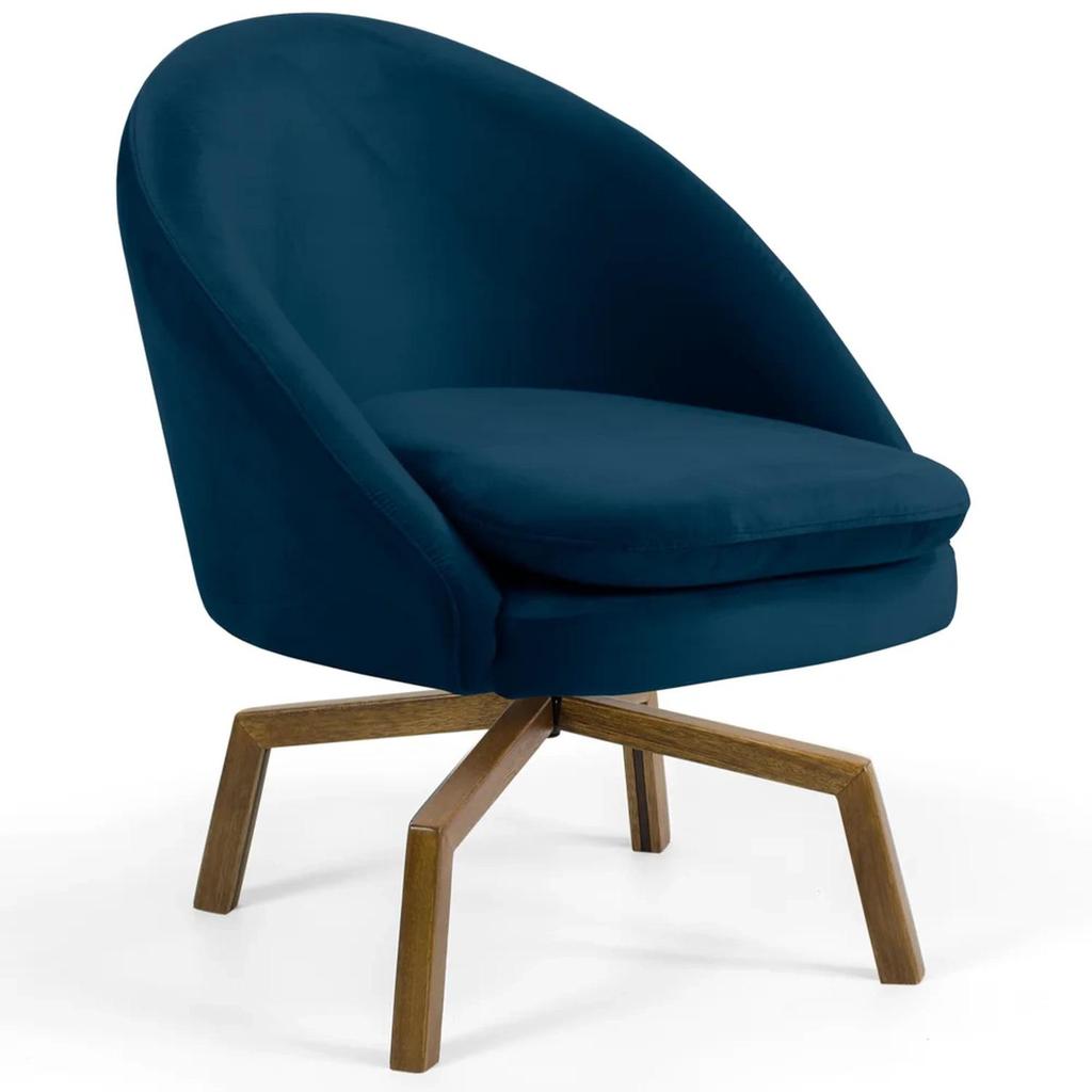 Poltrona Decorativa Base Ka Madeira Rafa C-304 Veludo Azul Marinho - Domi
