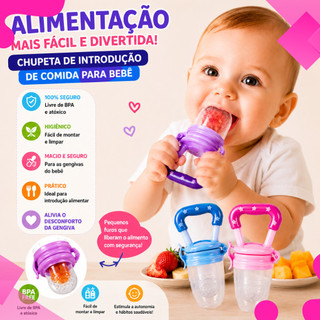 Chupeta Mordedor Alimentadora Bebê De Silicone Porta Fruta Azul e Rosa

