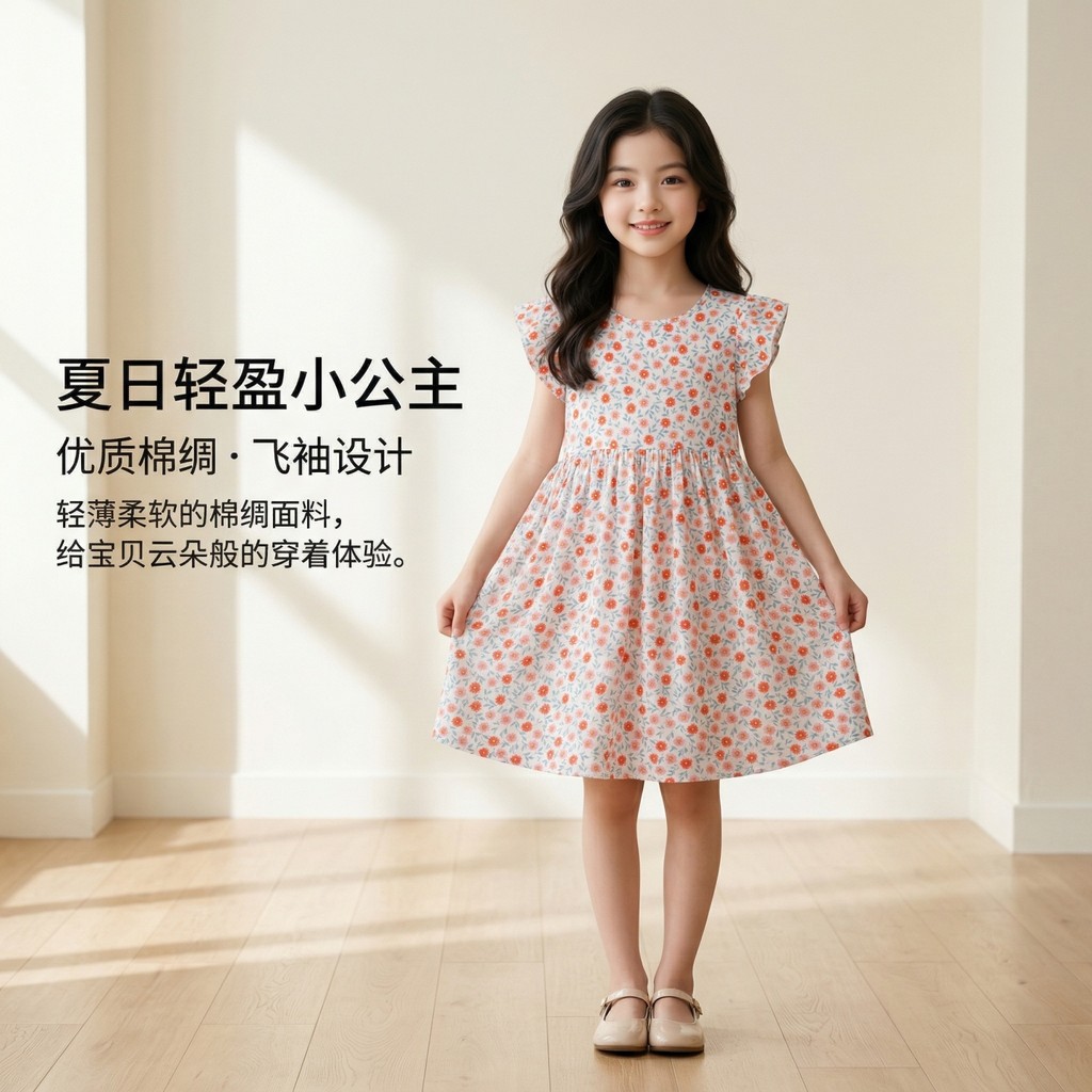 Meninas vestido crianças fino floral vestido de princesa verão respirável casa camisola floral algodão seda médio crianç
