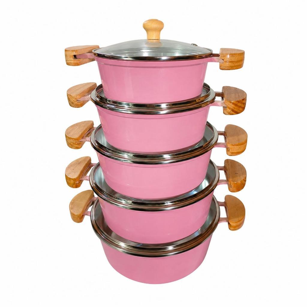 Jogo de Panelas Alumínio Fundido Usinadas com Tampa de Vidro ou Alumínio - Kit com 5 Rosa-Coziha rosa Decarada