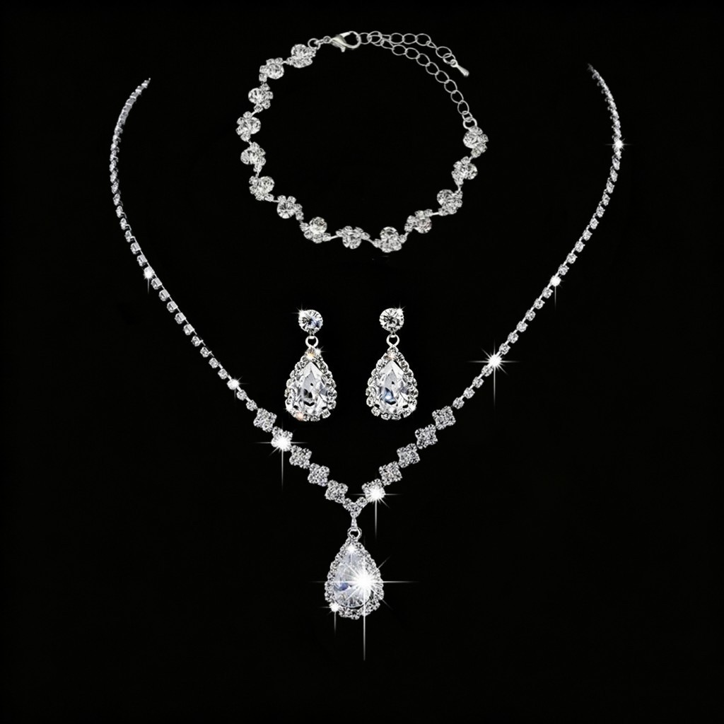 Conjunto de Joias com Zircônias Cúbicas Brilhantes Colar + Brincos + Pulseira Ideal para Casamentos e Festas