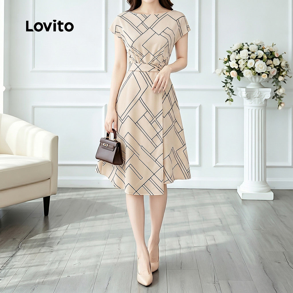 Lovito Vestido Boho com Cinto e Botões para Primavera/verão Cor Damasco para Mulheres LK6AD133 · foto 2