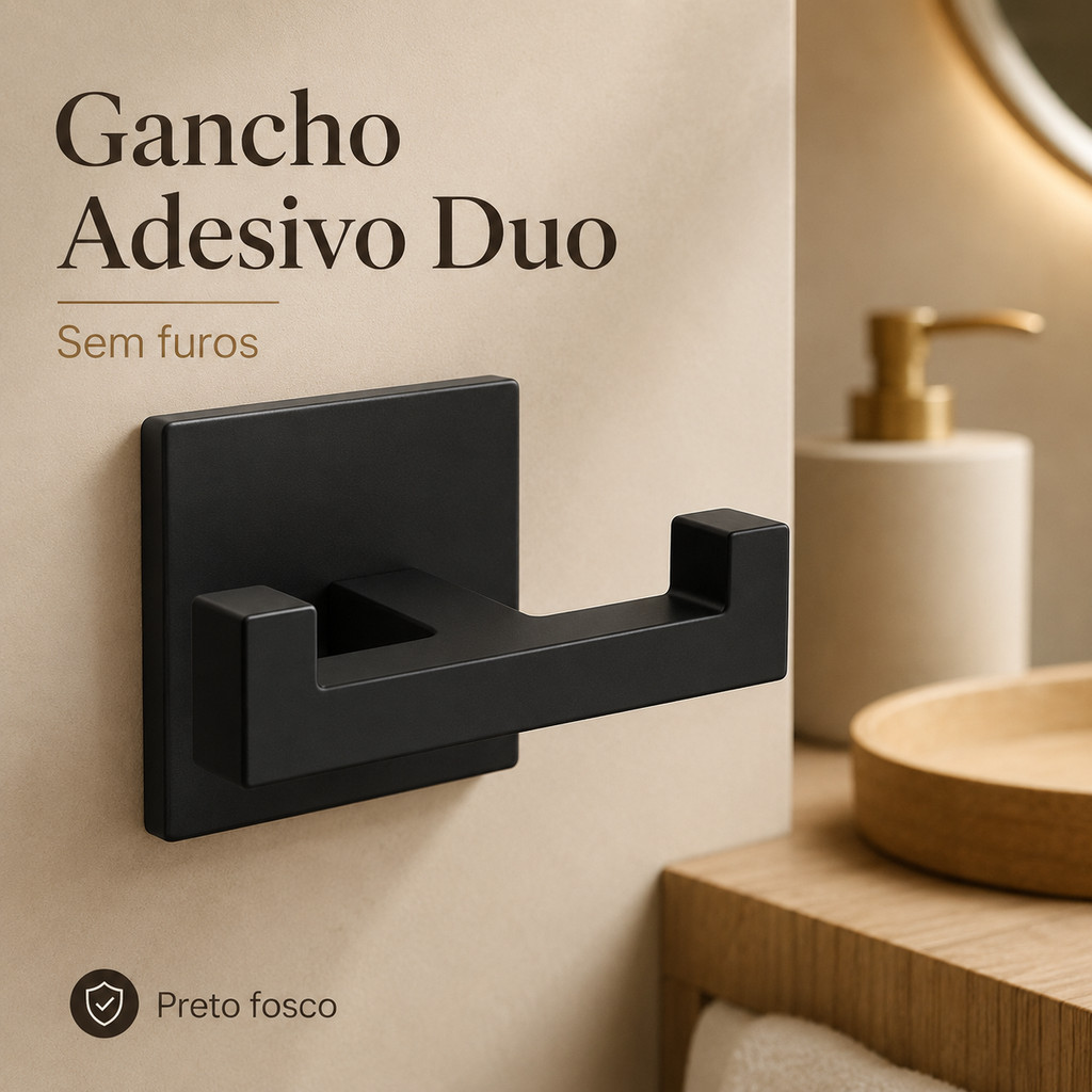 Gancho Cabide Duplo Parede Preto  Banheiro Lavabo Toalha Roupão S Furo Adesivo Fixação 3M Casa Primo