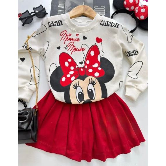 Conjunto Infantil Feminino Moletom Manga Longa + Shorts Saia Rodada Vermelha Inverno Menina