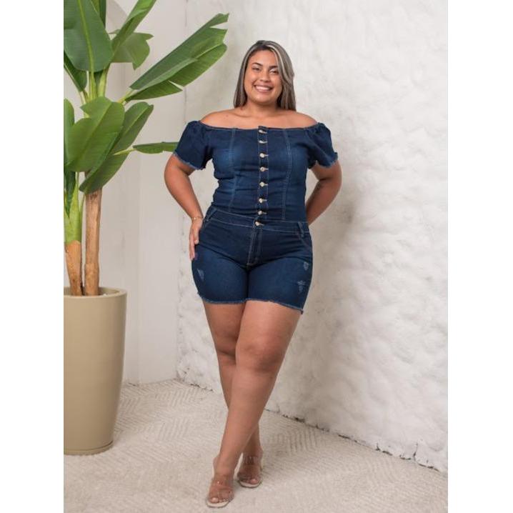 Macaquinho Ciganinha Jeans Plus Size Macacão De Alças Sem Mangas Com Cinto Tecido Jeans Lycra