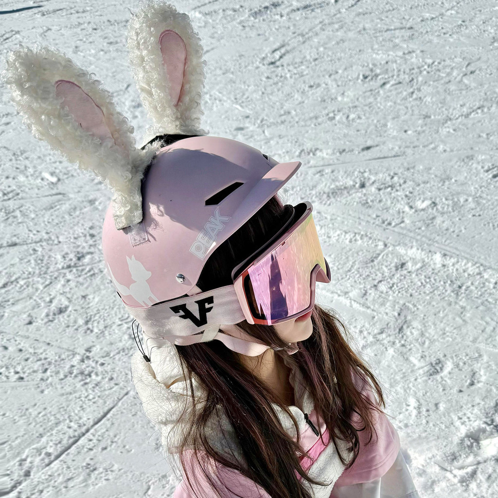 Bonito orelhas de coelho capacete de esqui decoração Shirley rosa bateria carro capacete da motocicleta dos desenhos ani
