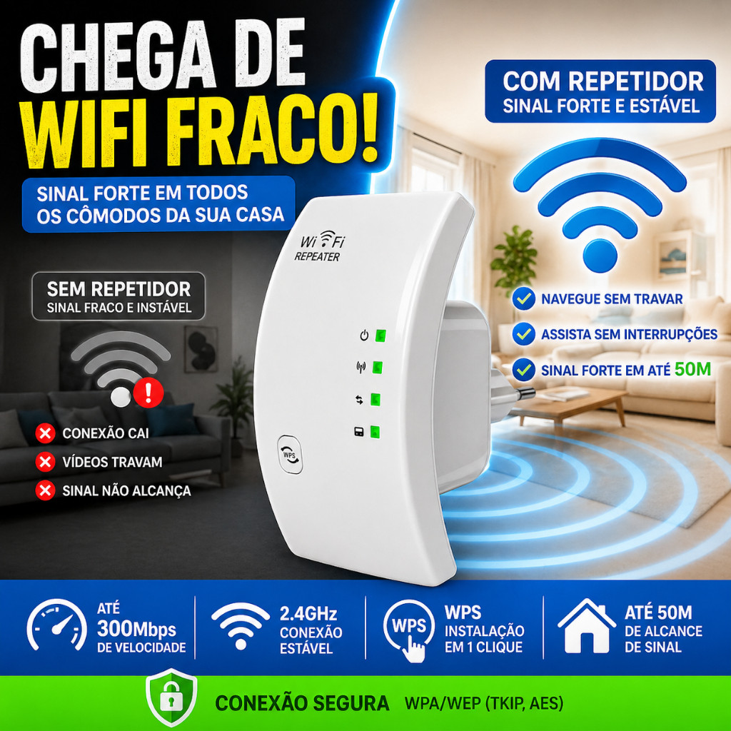 Repetidor WiFi 300Mbps Bivolt Amplificador Sinal 2.4GHz WPS Extensor Internet Escritorio Roteador