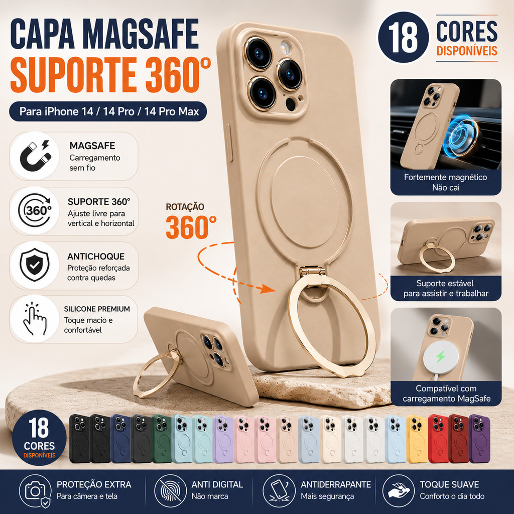 Capa MagSafe Para iPhone 14/14 PRO/14 Pro Max Silicone Com Suporte 360° Antichoque