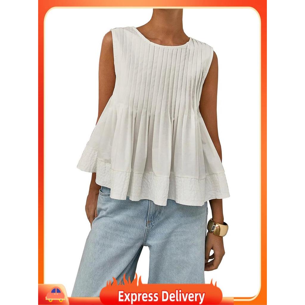 [Entrega Rápida BRY8] Blusa Feminina De Verão Plissada Peplum Sem Mangas Regata Gola Redonda Babydoll Y2K