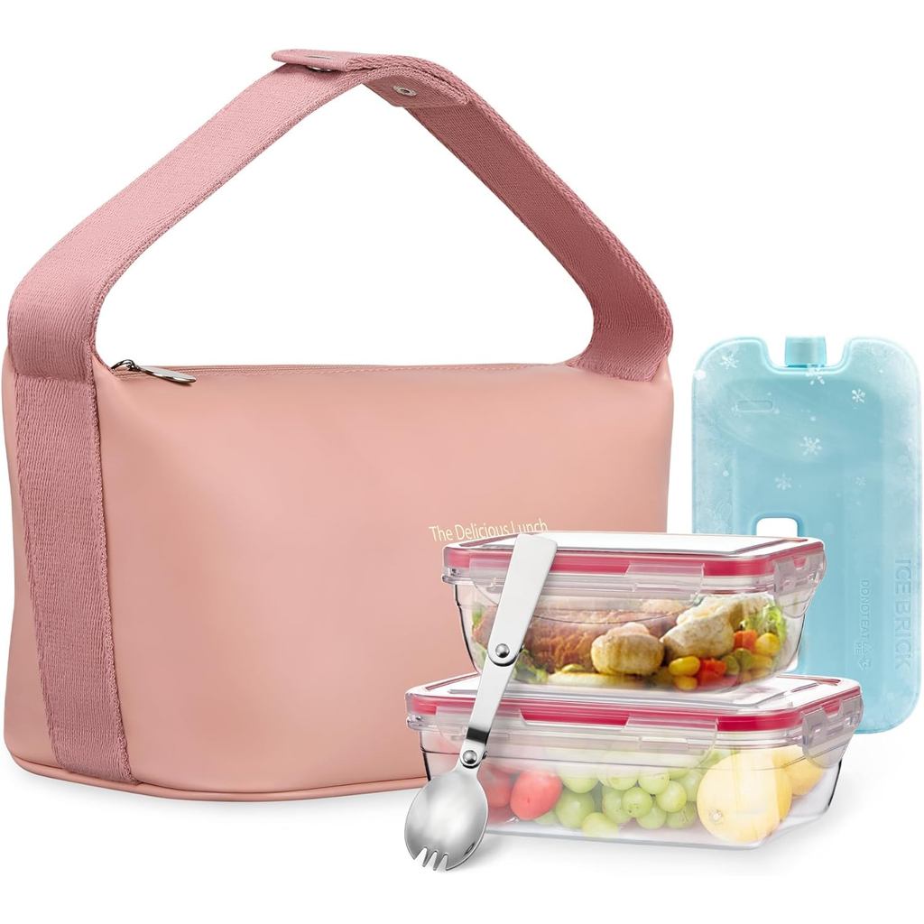 Lunch Bag Set For Women Insulated Leather Woman Lunch Bag With 2 Lunch Box Containers Spoon and Ice Pack Leakproof Reusa