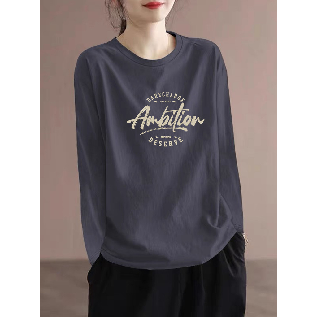 Exportação de comércio exterior 100% algodão em torno do pescoço de manga comprida camiseta feminina primavera outono ex