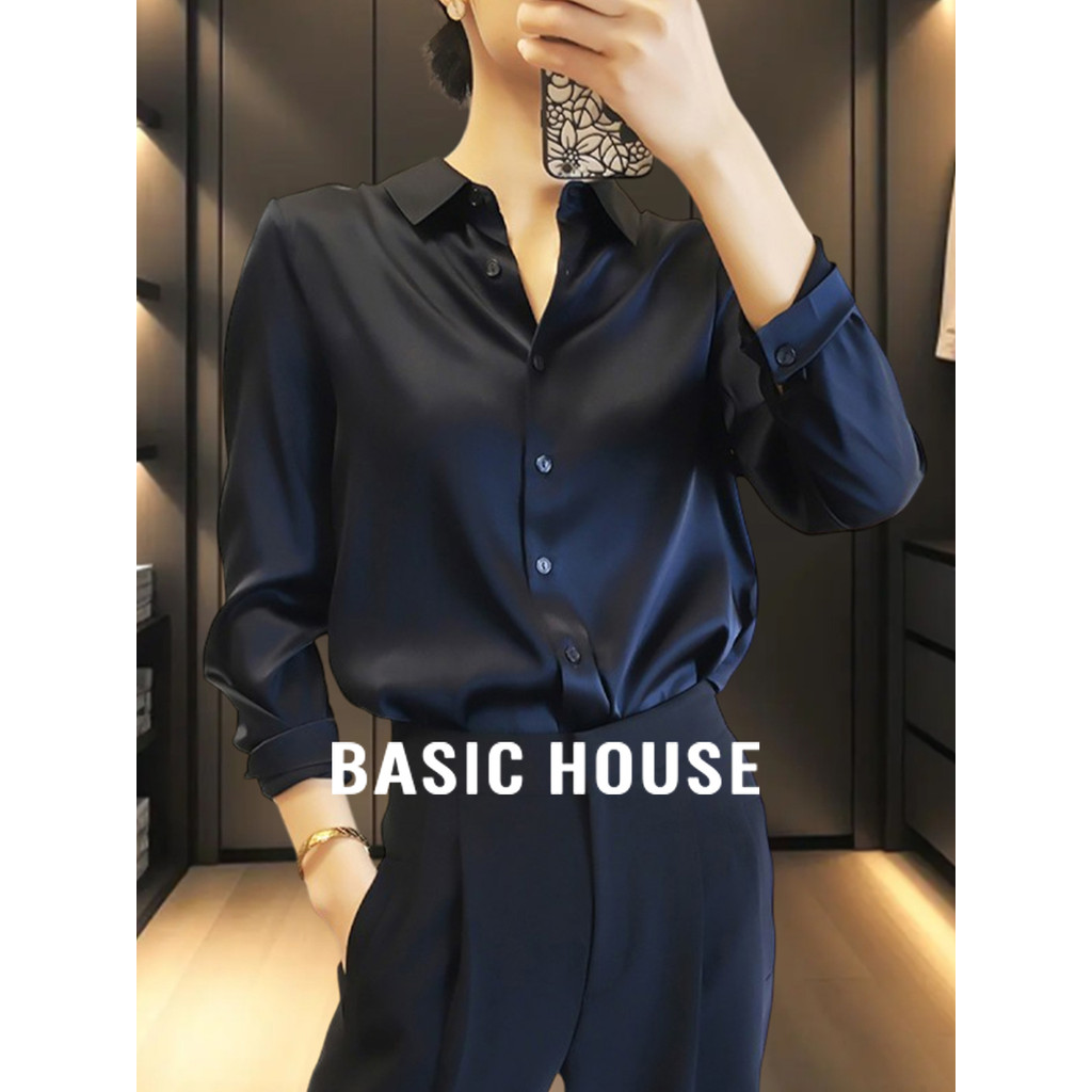 Casa básica/casa básica azul marinho cetim camisa de manga comprida feminina 2026 primavera gola POLO camisa de fundo