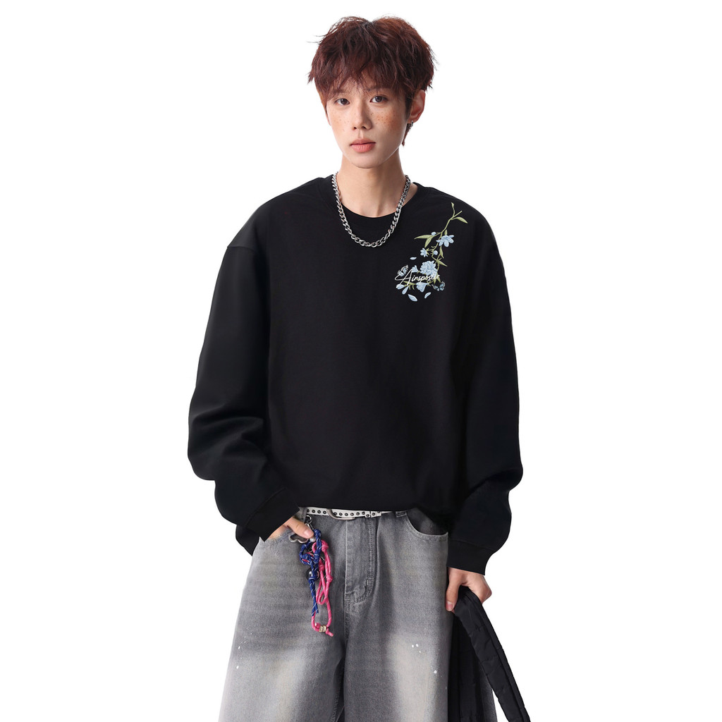 Preto puro algodão bordado flor de manga comprida camiseta masculino feminino estilo 2026 novo estilo primavera outono j