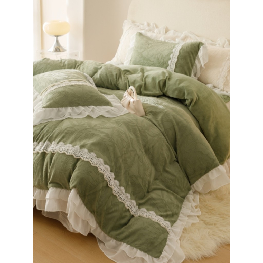 Coreano estilo princesa inverno leite veludo conjunto de quatro peças engrossado velo colcha capa cama saia dupla face C