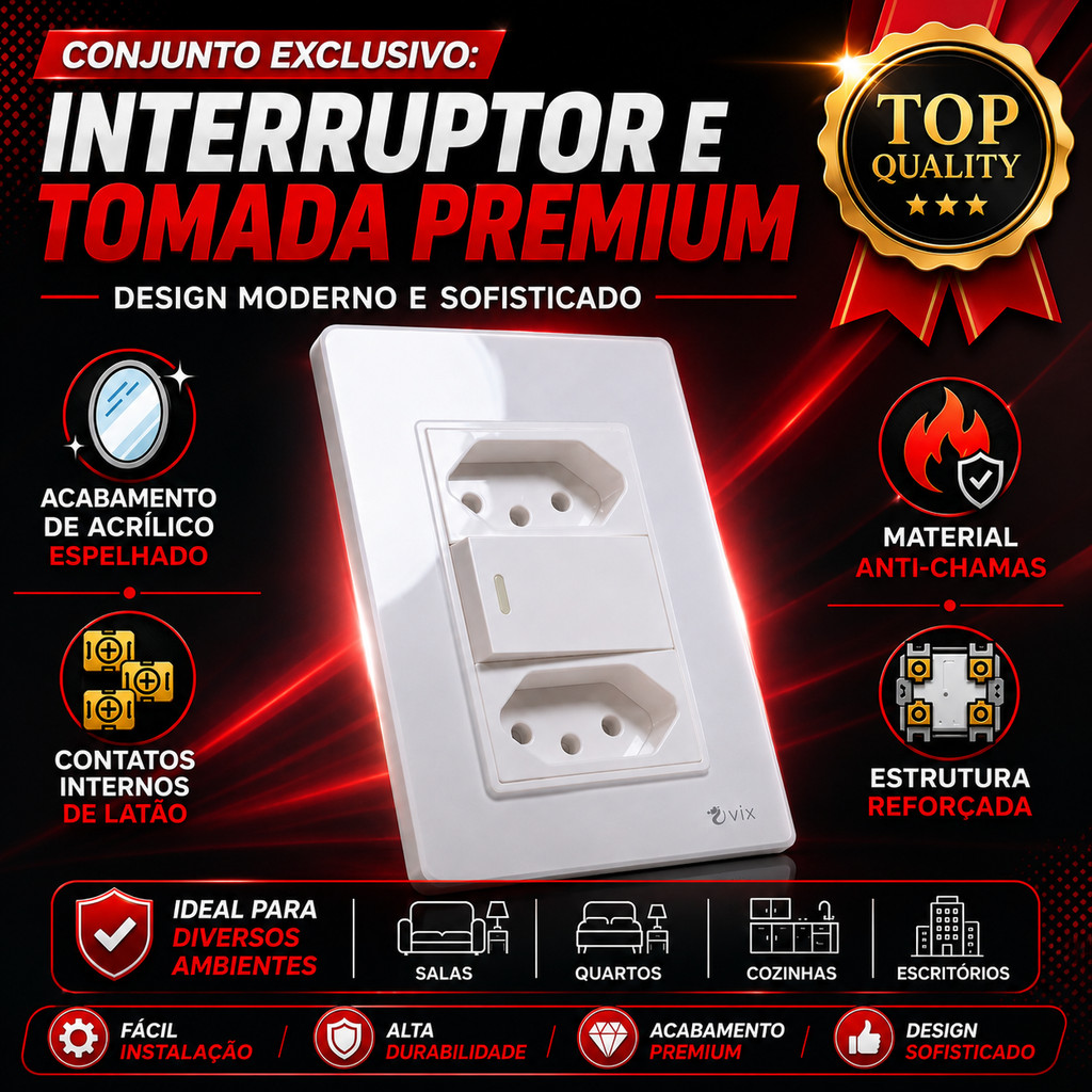 Tomada Modular Interruptor de Parede 110V 10A Placa Branca Acrílico Espelhado Alumínio Innova XLX