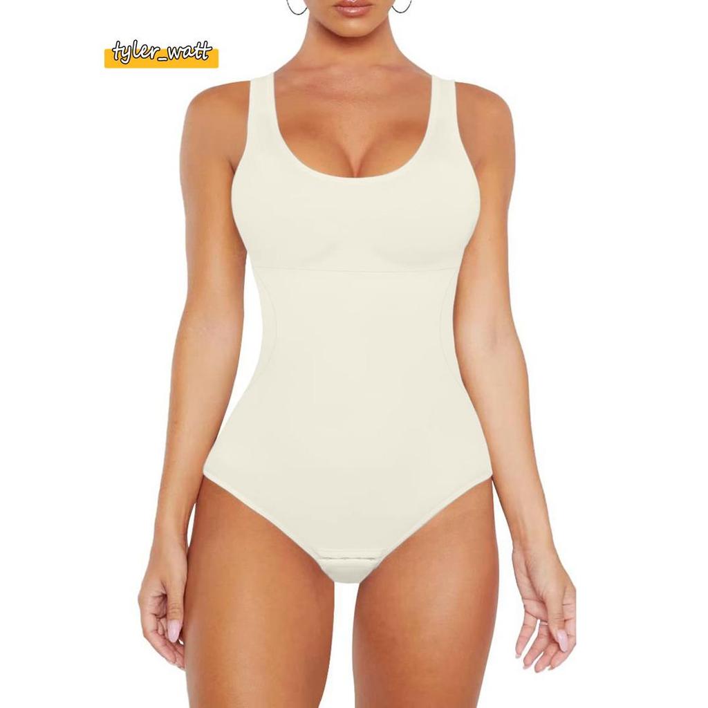 [tyler_w] Body Regata Para Mulheres Com Controle De Barriga , Corte Justo , Sem Mangas , Gola Redonda , Creme Branco L