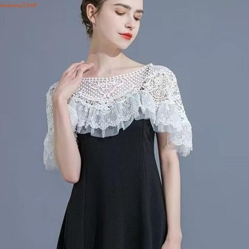 HUIJIANG Cheongsam Crochet Tippet , Xale Vazado De Renda Vintage , Casaco De Capa De Ombro Com Acabamento Em Malha
