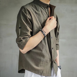 Estilo japonês camisa de manga de três quartos masculina verão versão coreana na moda gola alta bonito linho camisa de m