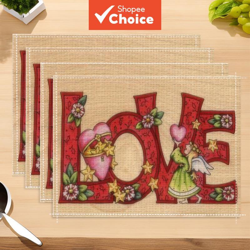 4 peças conjunto de jogos americanos de linho floral vintage para mesa de fazenda, coração de anjo LOVE, rústico para
